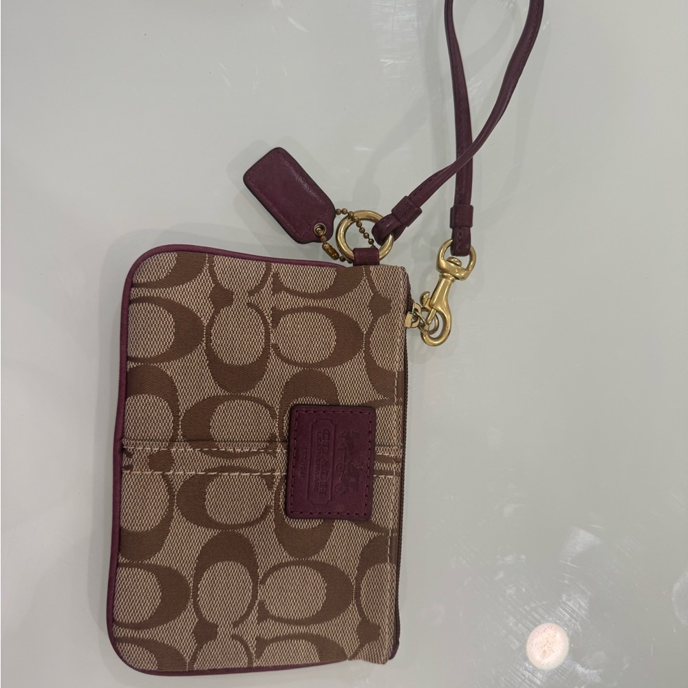 Coach Signature Wristlet in Classic Brown and Plum